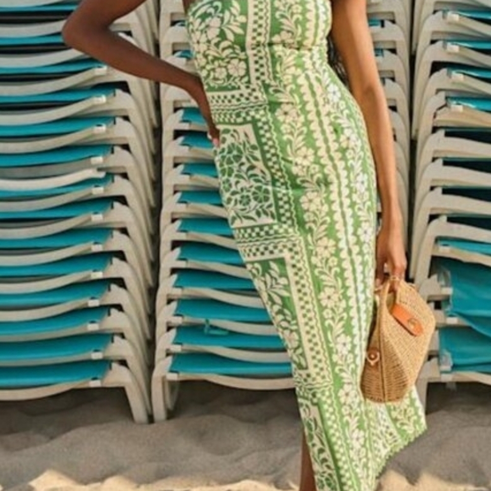 Lulu's Strapless Green Patterned Dress - Picture 2 of 10